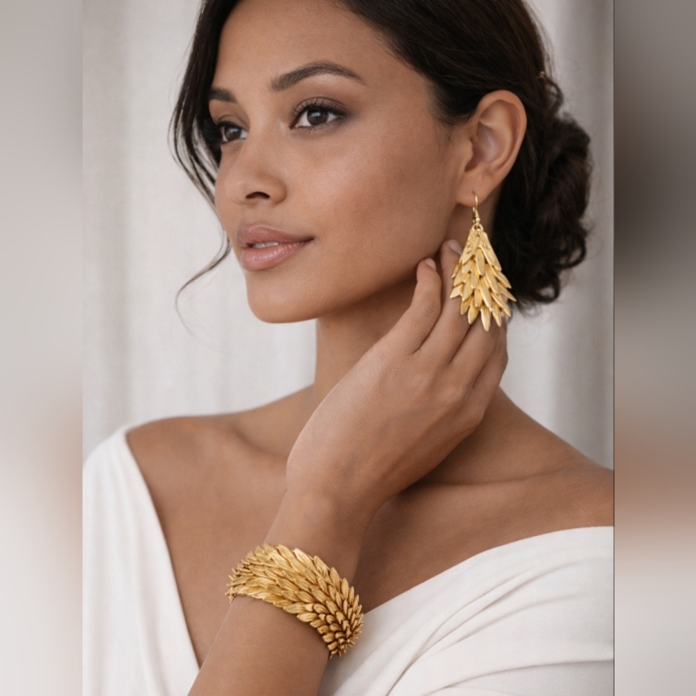 Gold Leaf Statement Bracelet and Earrings Set - Women Jewelry